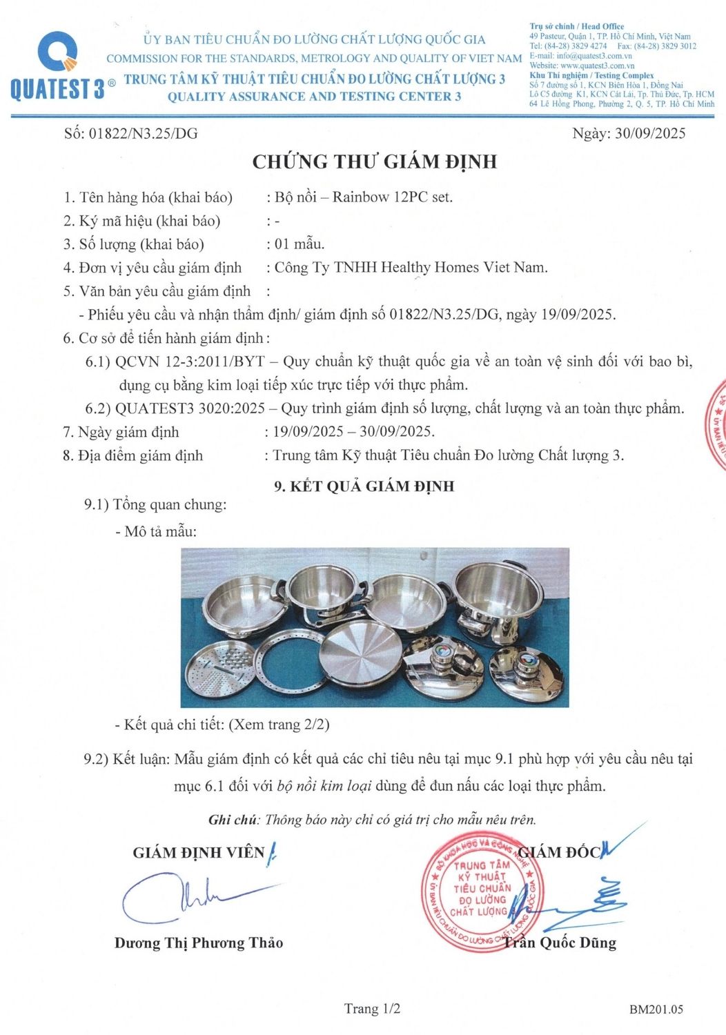 Kết quả kiểm định Bộ dụng cụ nấu ăn 12 món