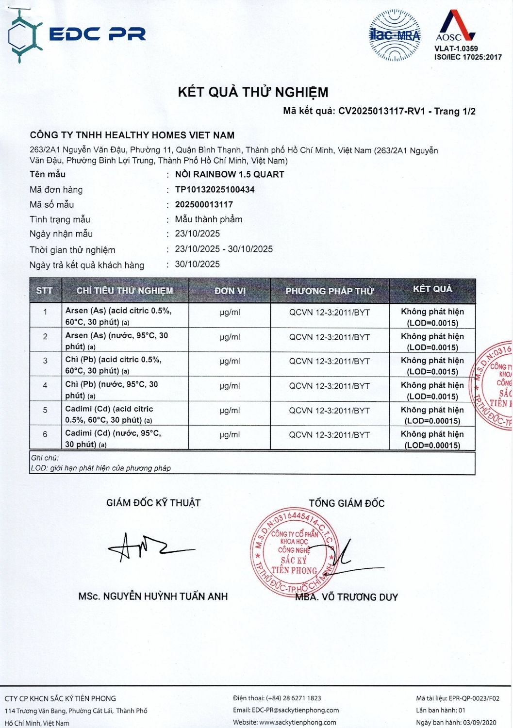 Kết quả kiểm định nồi 1 quart