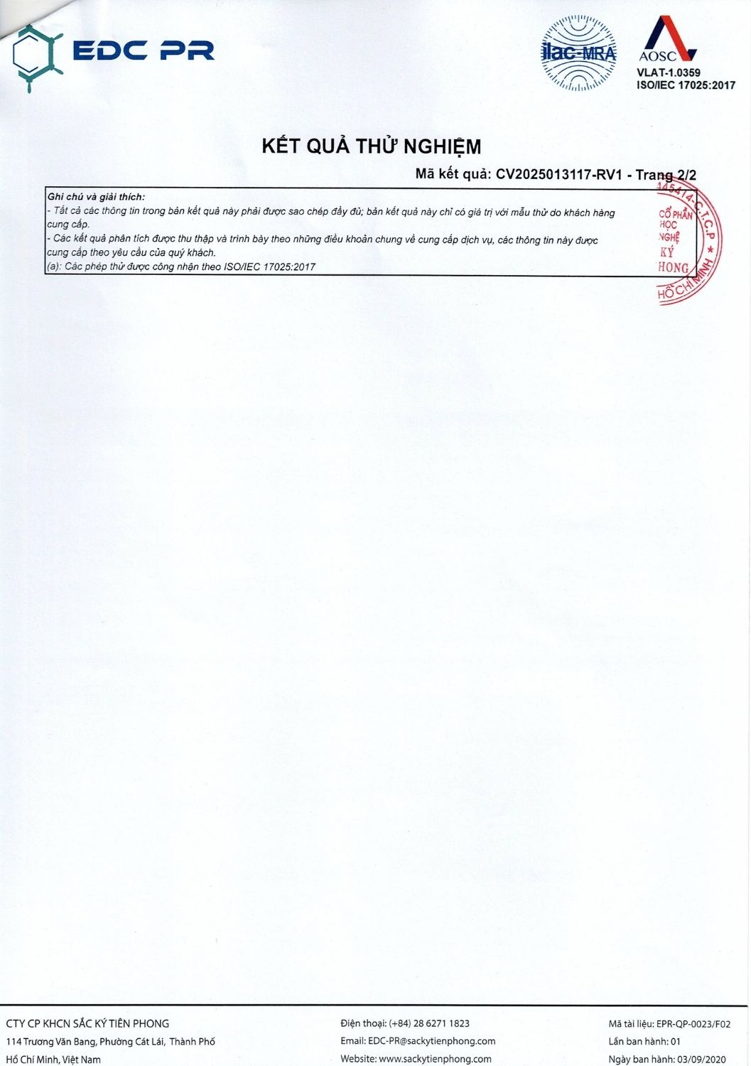 Kết quả kiểm định nồi 1 quart