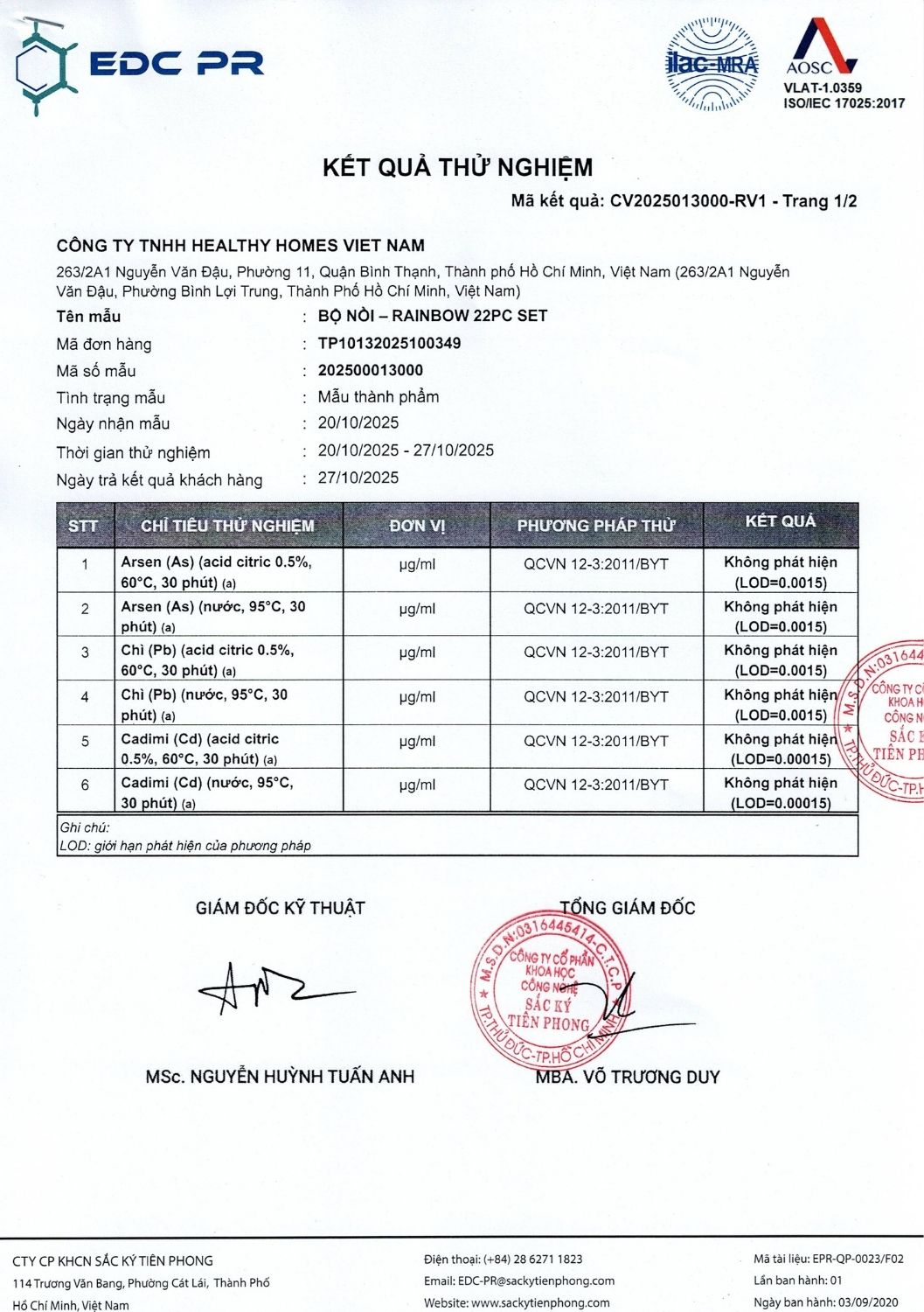 Kết quả kiểm định Bộ dụng cụ nấu ăn 22 món